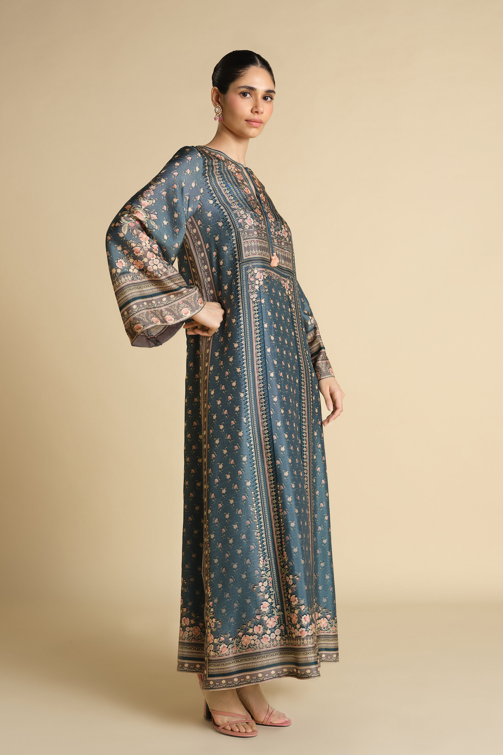 Yazhini Printed Silk Kaftan - Blue, Blue, image 3